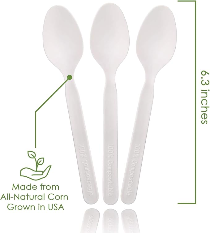 Ecovita 100% Compostable Spoons - 500 Large Disposable Utensils (6.5 in.) Bulk Size Eco Friendly Durable and Heat Resistant Alternative to Plastic Spoons with Convenient Tray