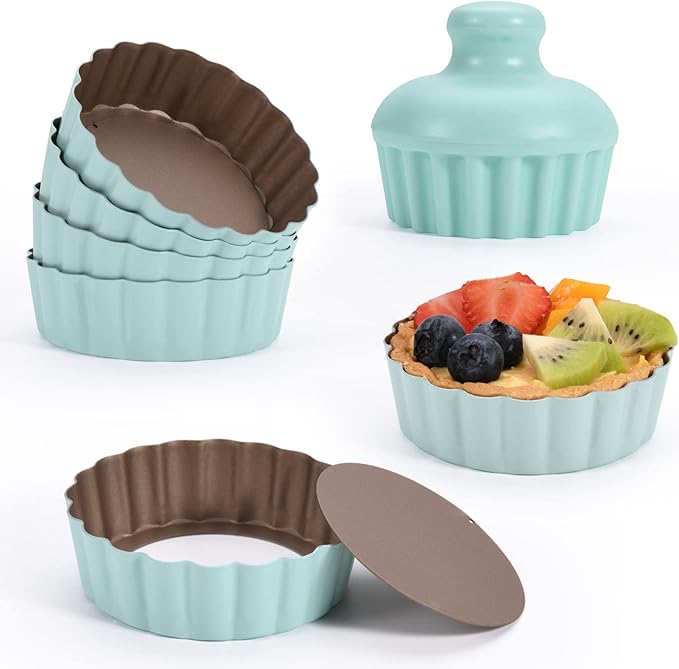 Mini Round Tart Pan with Removable Bottom, Nonstick Mini Pie Pans for Baking, Carbon Steel Quiche Pan Set for Cupcake Muffin Cakes and Desserts, Including 6 Tart Pan and 1 Tart Tamper (Green)