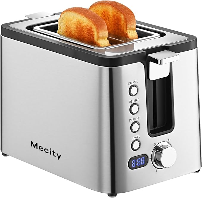 Mecity Toaster 2 Slice Stainless Steel Body, Timer, Bagel, Defrost, Reheat, Cancel Functions, Warming Rack, Removable Tray, 6 Browning Settings, Extra Wide Slots, Bread Toaster 800W