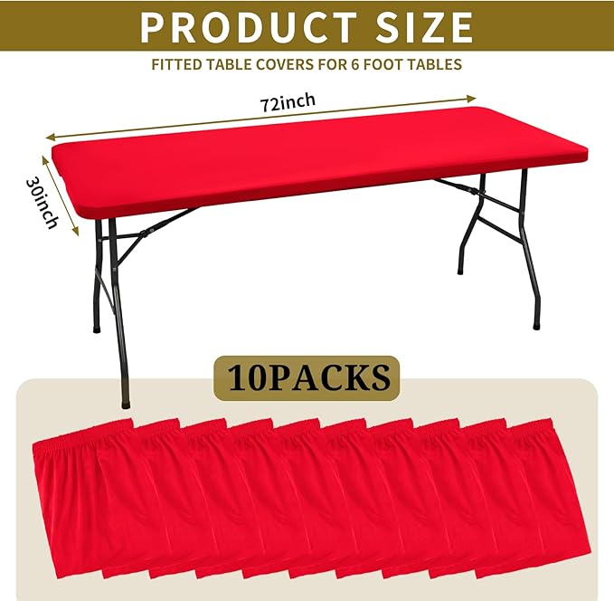 10 Pack Stretch Fabric Table Top Cap Cover, fits 6' Tables, Spandex Table Covers Washable Elastic Rectangle Tablecloth Protector for Indoor Outdoor Party Picnic Wedding, Red, 30" W x 72" L