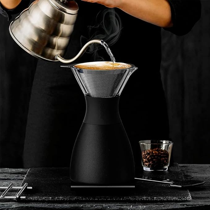 asobu Black Insulated Pour Over Coffee Maker (32 oz.) Double-Wall Vacuum, Stainless-Steel Filter, Stays Hot Up to 12 Hours (Black)