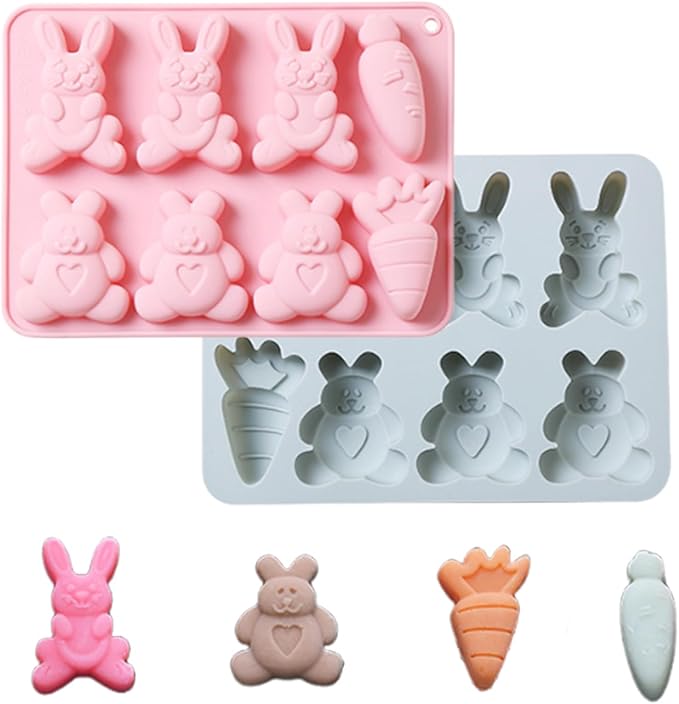 2 Pcs Easter Silicone Molds, 8- Cavity Non-Stick Bunny Carrot Baking Molds, Chocolate Cake Molds, for Making Candy, Soap, Ice Cube, Pudding, Jelly, Soap, Cake Topper Decoration