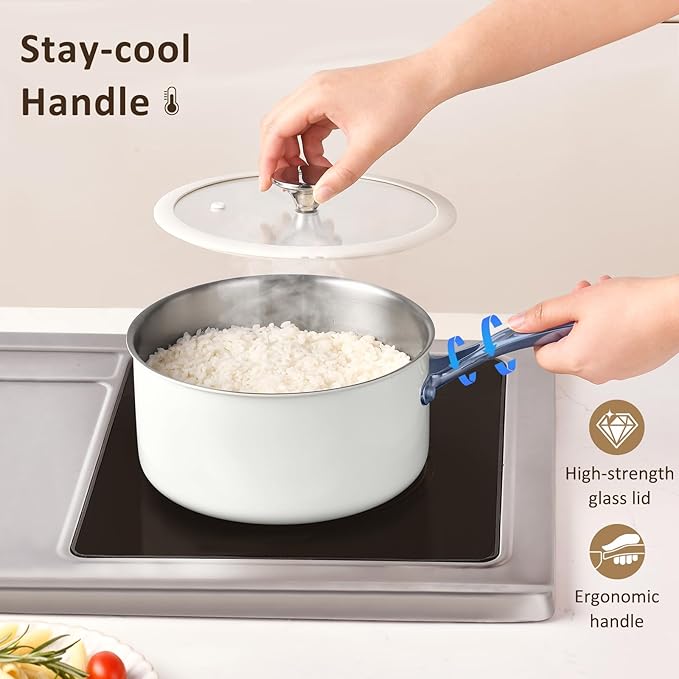2.5 Quart Tri-ply Stainless Steel Saucepan with Glass Lid, Induction Sauce Pan Compatible with All Cooktops, Non-Toxic Sauce Pot with Stay Cool Handle, Oven & Dishwasher Safe
