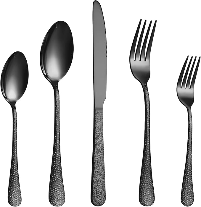 20 Pcs Black Silverware Set for 4 with Hammered Design, Food Grade Stainless Steel Flatware Set, Eating Utensils Sets Include Fork/Knife/Spoon, Cutlery Set, Dishwasher Safe