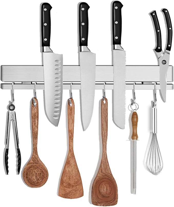 12 Inch Magnetic Knife Holder for Wall, Adhesive Knife Magnetic Strip No Drilling with 6 Hooks, Powerful Magnetic Knife Strip, Magnetic tool Holder for Kitchen Knives & Utensils (Silver)
