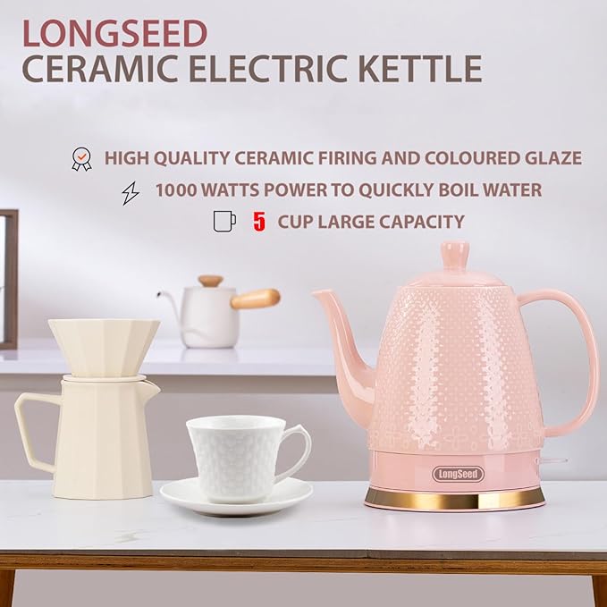 1.2 Liters Ceramic Electric Kettle Pot, Boil Water Quickly and Easily with Boil-Dry Protection, Auto Shut Off, Detachable Swivel Base, Graceful Gooseneck Teapot 1000W, Pink