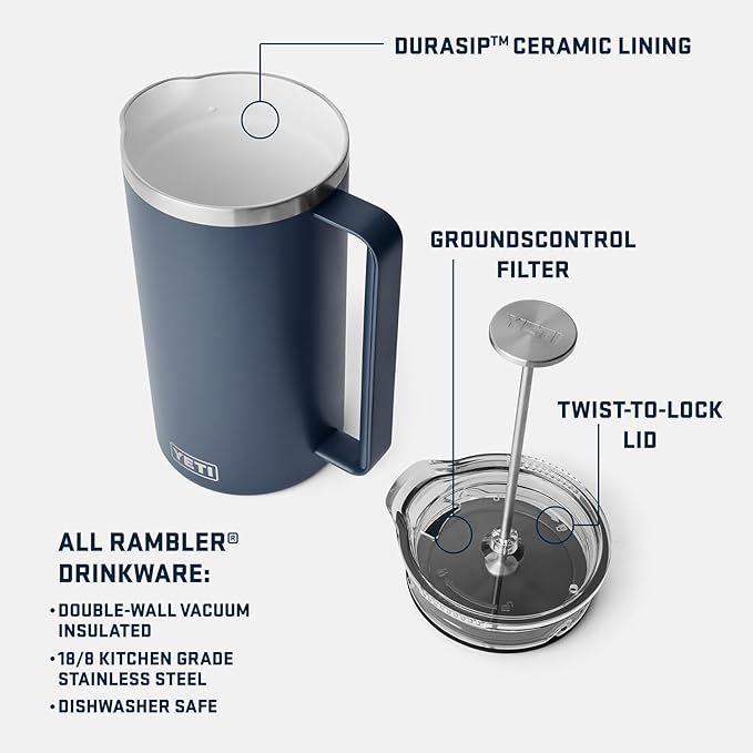 YETI Rambler 64 oz. French Press Coffee Maker, with GroundsControl Filter, Rescue Red