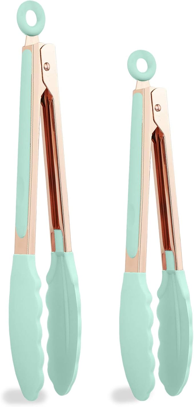 COOK WITH COLOR Stainless Steel Silicone Tipped Kitchen & BBQ Tongs Set, 2 Pc Tongs, Green