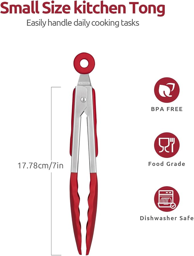 480ºF Heat Resistant Kitchen Tong: U-Taste 7 inch Silicone Cooking Tong with Firm Sealed Non Stick Rubber Tips & Silicon Coated 18/8 Stainless Steel Handle & Smooth Locking for Serving Salad (Red)
