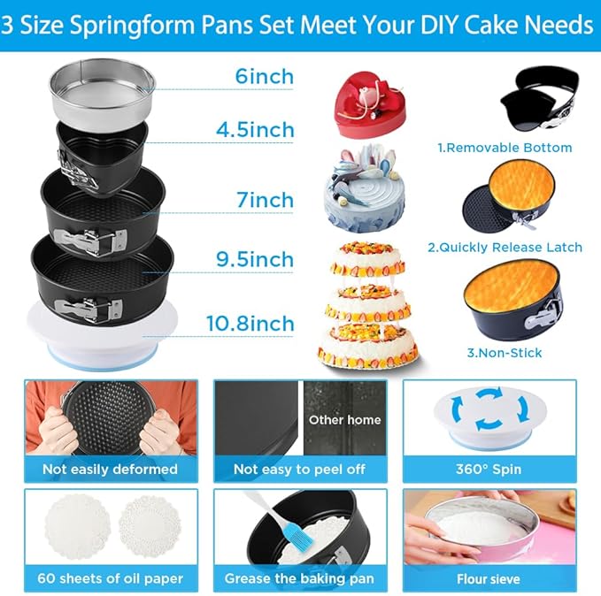 Cake Decorating Kit Cake Decorating Supplies, 515 PCS Baking Supplies Set with 3 Springform Pan Sets, 66 Icing Piping Nozzles, Cake Rotating Turntable, Piping Bags, Birthday Gifts for Mom Wife