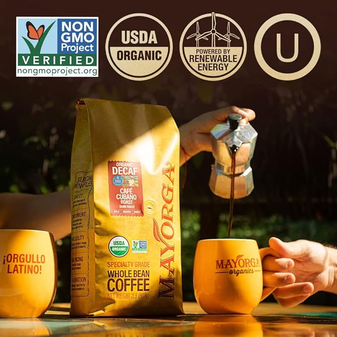 Mayorga Decaf Dark Roast 5lb Bag Cafe Swiss Water Decaffeinated Cubano Roast 100% Arabica Whole Coffee Beans - Smoothest Organic Coffee - Specialty Grade, Non-GMO, Direct Trade