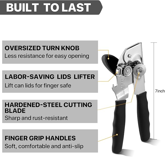 Can Opener Manual Heavy Duty, UHIYEE Hand Held Can Openers for Seniors with Comfort Grip Sharp Blade, Solid Steel Hand Manual Can Open with Magnet for Kitchen Camping, Black