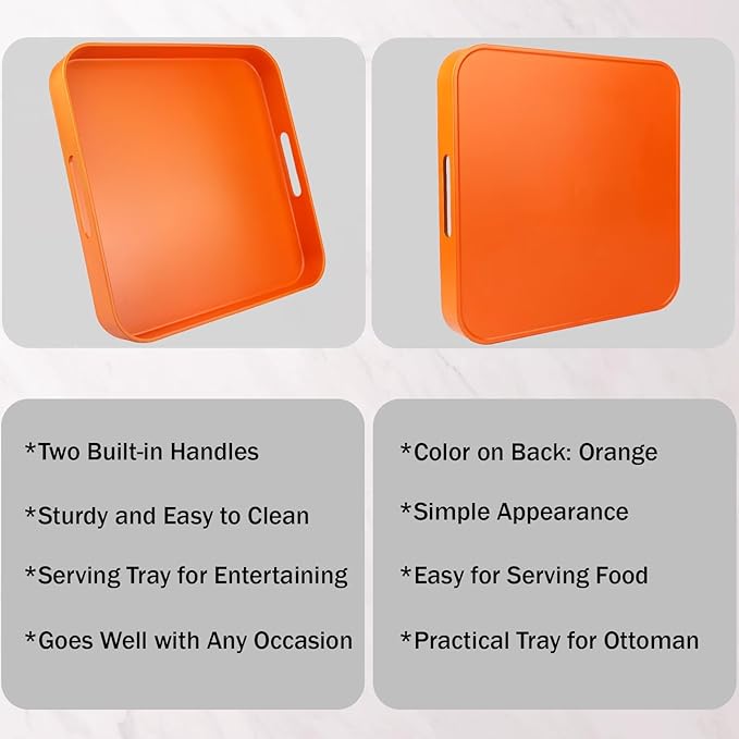 Square Orange Decorative Serving Tray with Handles, Versatile Ottoman Tray for Coffee Table, Entertaining, Outdoor Patio, Living Room, 13”*13”*1.6”
