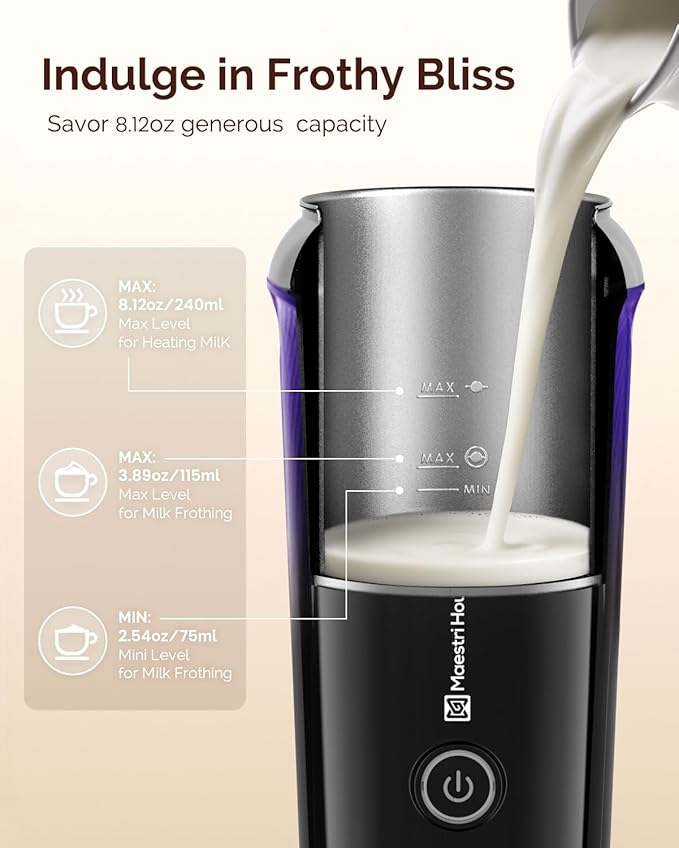 Maestri House Milk Frother, 3-in-1 Hot & Cold Mik Frothing Steamer, 8.12OZ/240ML Touch Control Foam Maker, Compact Space-saving Design for Latte, Cappuccino and Warm Milk
