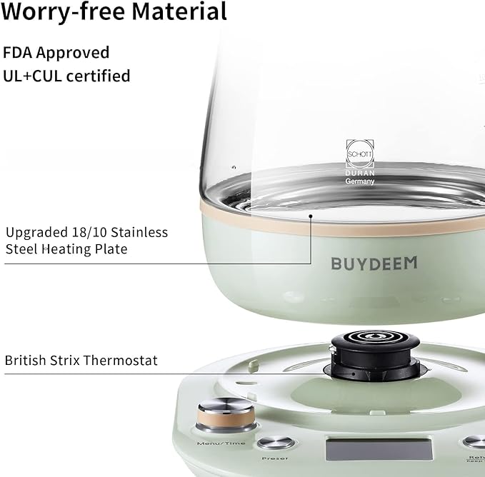 BUYDEEM Health Pot K2763 Lite, Glass Electric Kettle for Tea & Coffee, Hot Water Boiler and Wamer with Stew Pot, Temperature Control, Green, 1.5L