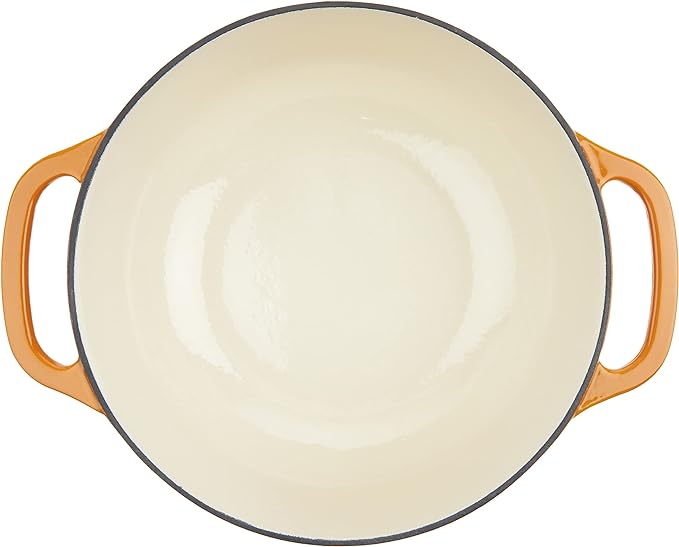 Lodge 6 Quart Enameled Cast Iron Dutch Oven with Lid – Dual Handles – Oven Safe up to 500° F or on Stovetop - Use to Marinate, Cook, Bake, Refrigerate and Serve – Apricot