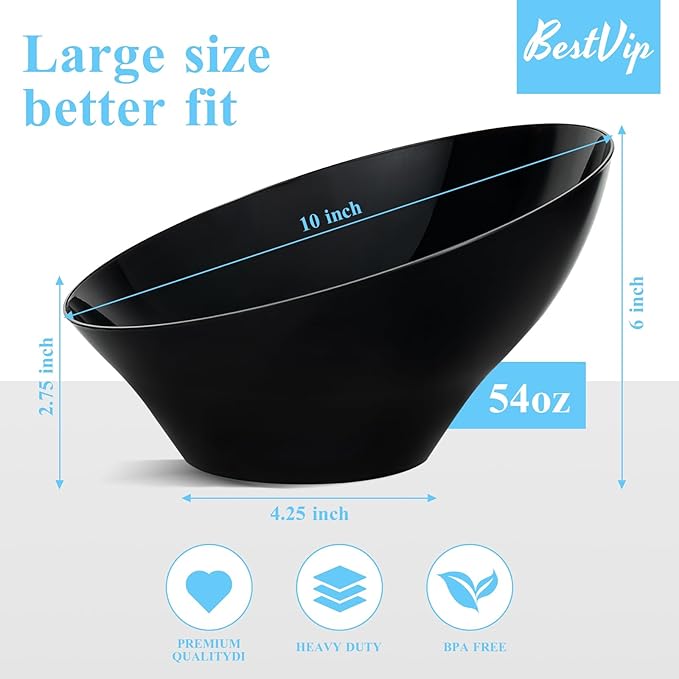 BESTVIP 54oz Black Plastic Serving Bowls for Party - 12 Pack Angled Disposable Serving Bowls, Party Bowls for Chips, Snacks, Fruit, Salad - Catering Bowls for Daily Use, Parties,Halloween, Christmas