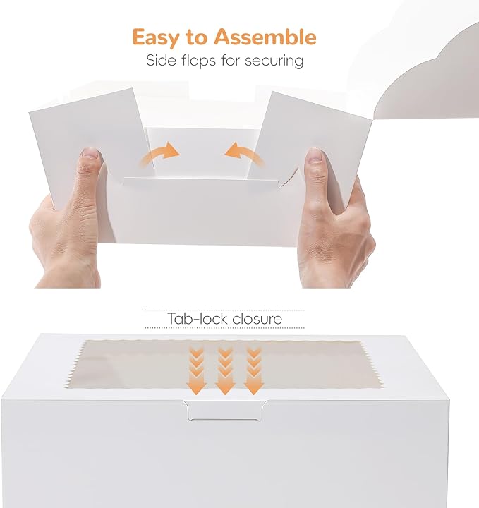 White Cake Boxes 10 Inch with Window， 4 Set Bakery Boxes with Cake Boards & Stickers, Tough Containers for Layer Cakes, Cupcakes, Desserts Food Safe Packaging（10x10x5 inch）