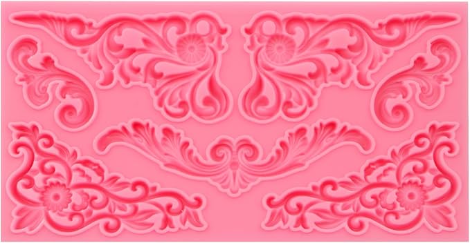 Vintage Curlicues Silicone Molds, Baroque Style Corner Relief Chocolate Molds, Filigree Scroll Flower Sculpted Cake Border Fondant Baking Molds for Cake Decoration Candy Clay Resin