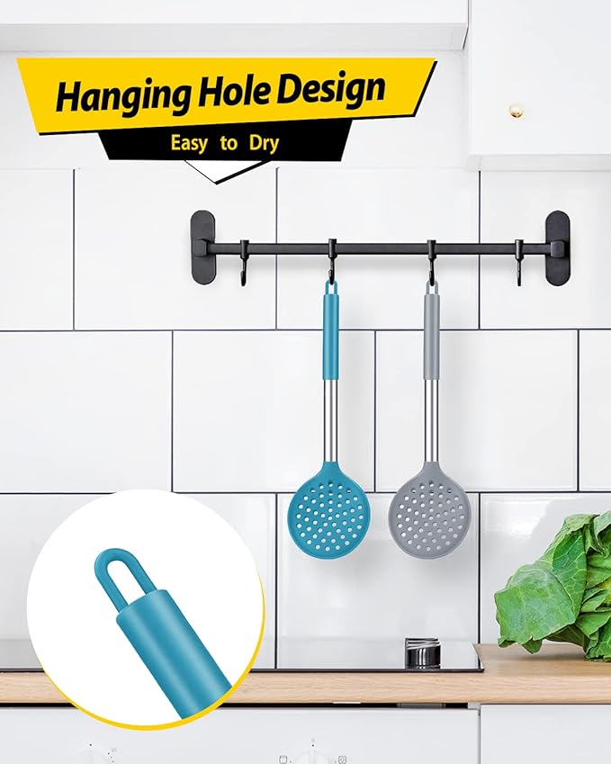 Kitchen Ladle Strainer Set of 2 Large Slotted Spoon with High Heat Resistant BPA Free Non Stick Cooking Skimmers For Draining and Frying (Grey and Teal Blue)