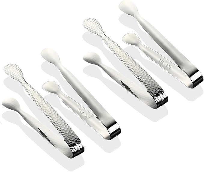 4Pcs 4.3" Stainless Steel Mini Ice Tongs – Ideal for coffee bars, tea parties, dessert events & kitchen use (sugar/ice buckets, appetizers). Available in shiny/textured surface styles for versatile
