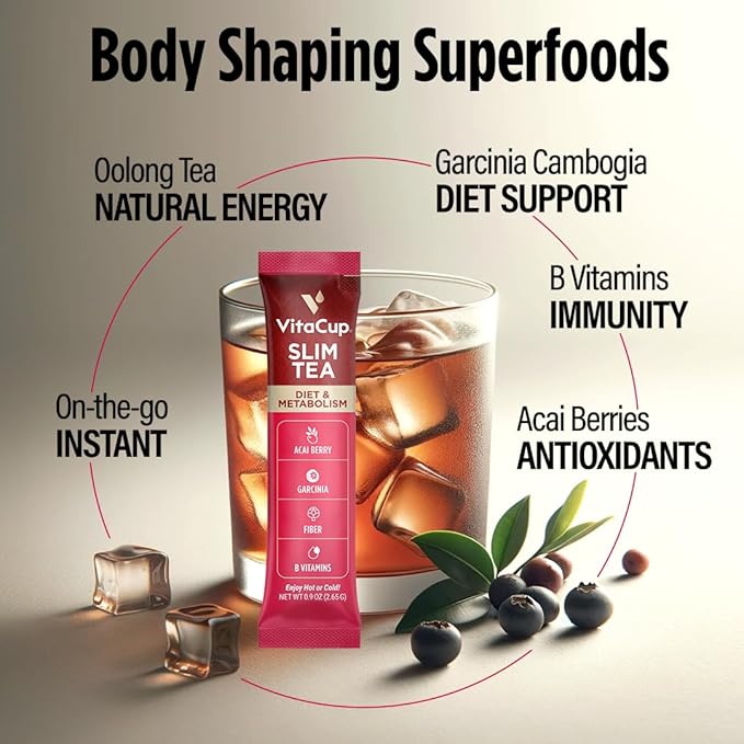 VitaCup Slim Instant Tea Packets For Diet Support, Oolong tea w/B Vitamins, Garcinia, Inulin & Acai, On-the-go Instant Sticks, 10 Ct