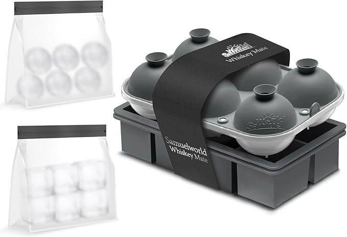 Samuelworld Premium Ice Tray Combo (16 Ice Cube/6 Ice Ball), New Upgraded Large Ice Sphere Maker Ice Cube Trays, Spill-Free Integrated Funnels, Whiskey Bourbon Cocktails Ice mold, Grey(With Ice Bags)