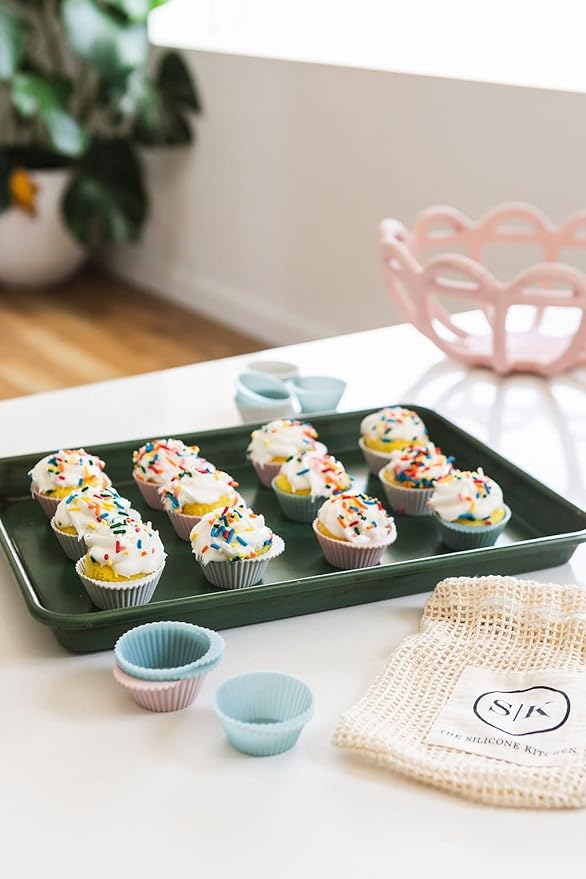 The Silicone Kitchen Reusable Silicone Baking Cups Silicone Muffin Liners for Cupcakes, BPA Free, Mini, 24 Pack, Pink Gray Blue