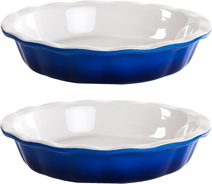 Lareina Ceramic 9 Inch Deep Dish Pie Pans, Set of 2, Blue, Non-Stick, Oven & Dishwasher Safe, Ideal for Baking Pies, Quiches, Cakes