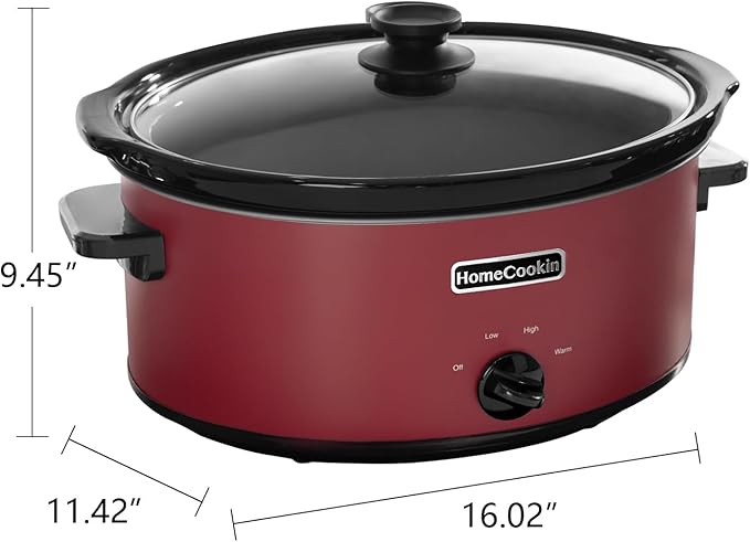 HOMECOOKIN 7 Quart Slow Cooker Oval Manual Pot Food Warmer with 3 Cooking Settings, Red Stainless Steel