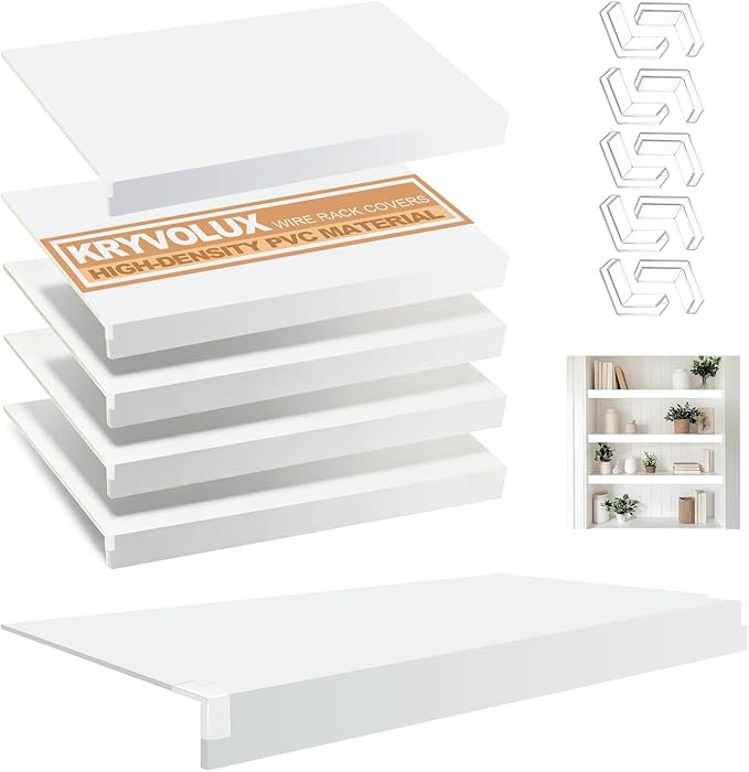 5 Pcs Wire Rack Covers 24x16x2.5 inch PVC Pantry Shelf Cover 0.31 inch Thick Removable Closet Wire Rack Shelf Covers,Decoration Kitchen Bathroom Office Shelving (Light Luxury White,24x16x2.5inch)