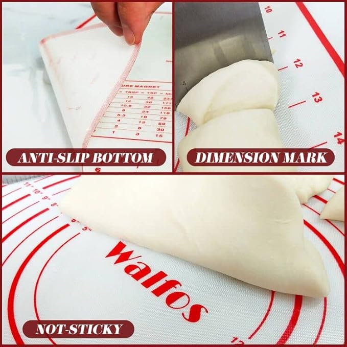 WALFOS French Rolling Pin and Silicone Baking Mat Set, Non-Stick Beech Wood Rolling Pin 15.7 Inch and Pastry Mat for Best Pie Crust, Cookie, Pasta and Pizza Dough