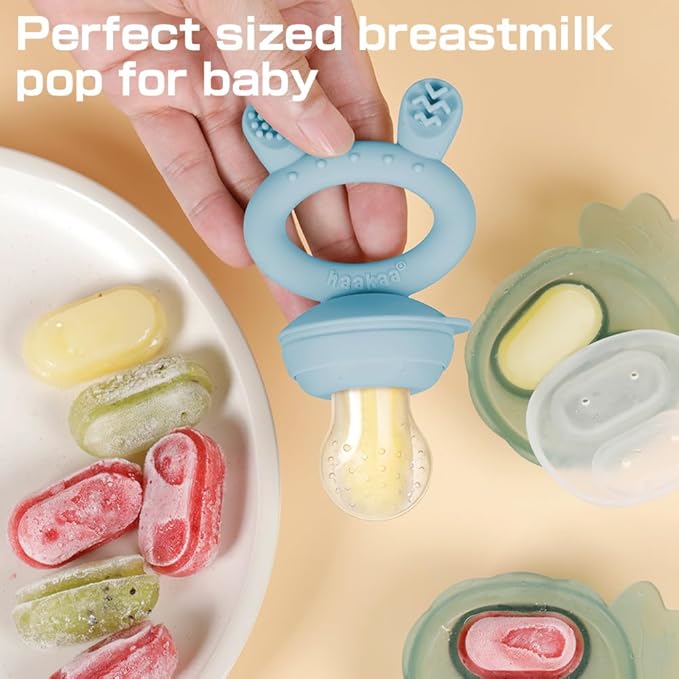 Haakaa Baby Fruit Food Feeder & Mini Freezer Nibble Tray Combo, Breastmilk Popsicle Molds for Baby Cooling Relief, BPA Free Silicone Feeder for Safe Infant Self Feeding, 4 Month+ (Sky Blue)