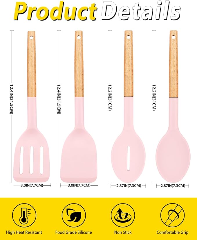 Pack of 4 Silicone Cooking Utensils Set, Non Stick Solid Spatulas and Heat Resistant Slotted Spoons with Wooden Handle, Ideal Wood Kitchen Utensils Set for Frying,Serving,Turning,Stirring (PINK)