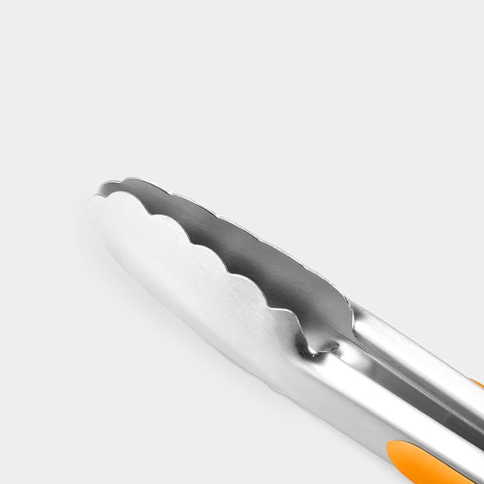 304 Stainless Steel Kitchen Cooking Tongs, 9" and 12" Set of 4 Sturdy Grilling Barbeque Brushed Locking Food Tongs with Ergonomic Grip, Orange