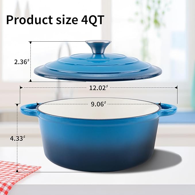 Enameled Cast Iron Dutch Oven Pot with Lid Heavy-Duty Cookware for Bread Baking, Braising, Stews, Roasting,4QT，blue