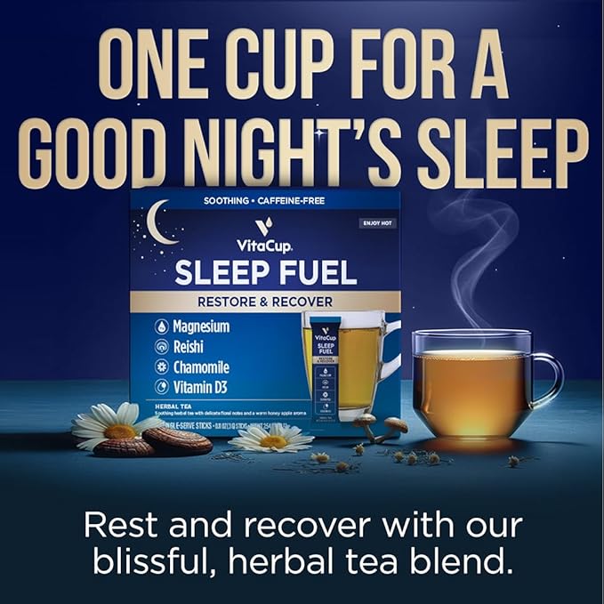 VitaCup Sleep Fuel Instant Tea Packets for Deep REM Sleep, Relax & De-Stress w/Chamomile Tea, Magnesium, Vitamin D3, Coconut Water, Coconut Milk, Potassium, Calming Tea for Full Body Relaxation, 72Ct