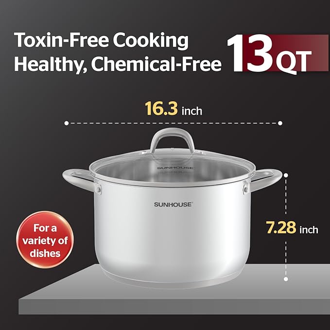 SUNHOUSE 13-Quart Stainless Steel Stockpot w/Tempered Glass Lid - Heavy-Duty, Food-Grade Cookware for Simmering, Boiling, and Induction Cooking - Exceptional Heat Distribution