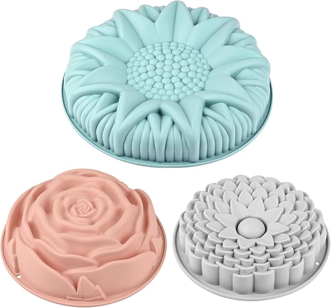 Sakolla 3 Pack Flower Shape Silicone Cake Molds, Large Round Silicone Molds for Baking Cake, Breads, Pies, Tarts, Jello (Rose, Chrysanthemum, Sunflower)