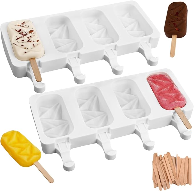 Sakolla 2 Pack Silicone Popsicle Molds, 4 Cavities Diamond Ice Cream Molds with 50 Wooden Sticks for Ice pop, Cake Pop, Cakesicles (White)