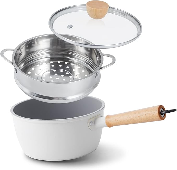 ROCKURWOK Ceramic Nonstick Sauce Pan, 3 QT Pot with Steamer, Non Toxic & PFAS-Free, Wooden Handle for Cool Touch, Universal Base(Gas, Electric & Induction), White