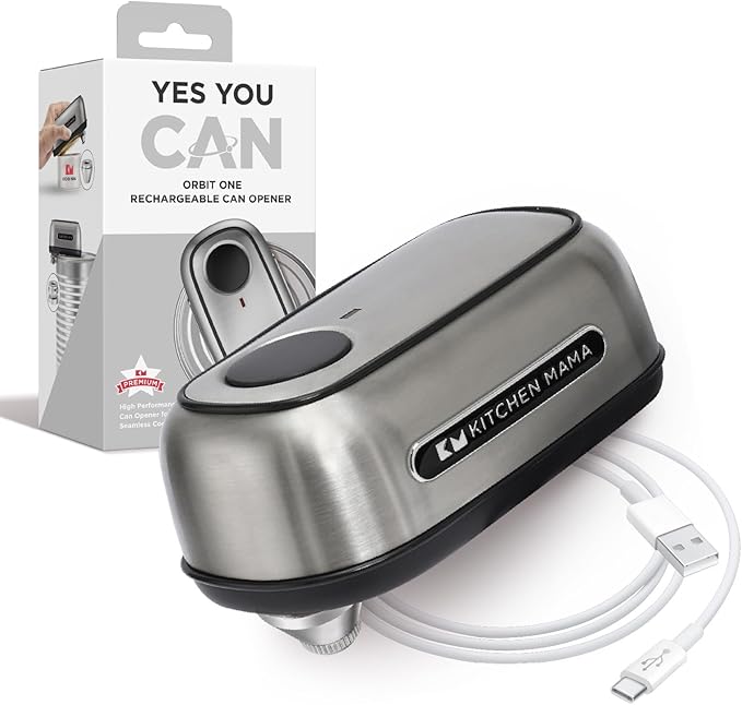 Kitchen Mama Orbit One Stainless Steel Rechargeable Electric Can Opener: Hands-free, USB-C Charging, Automatic Stop, Smooth Edge, Safety, Blade for Large Cans, Heavy Duty, Soda Can and Pop Can