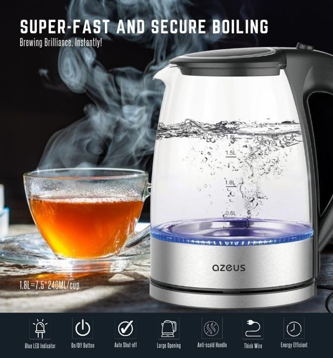 AZEUS Glass Electric Kettle - 1.8L Fast Boiling Auto-Shutoff & Anti-Dry Heat Safety Kettle for Home/Office, Borosilicate Glass with LED Indicator (white)