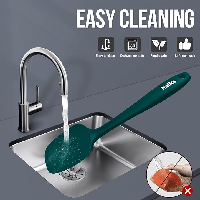 Walfos Silicone Spatula Set of 7 - (600°F) High Heat Resistant Dark Green Kitchen Scraper Spatulas, One-Pieces Seamless Design, Perfect for Cooking Mixing & Baking - BPA Free and Dishwasher Safe