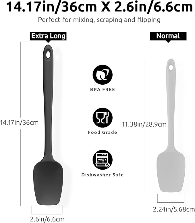 U-Taste Extra-Long 600ºF Heat Resistant Spatula Spoon: 14" Silicone Spoonula Cooking Utensils for Kitchen Use, Non-Stick Scoop Scraper with Soft Edge & Firm Core for Baking, Mixing, Serving (Black)