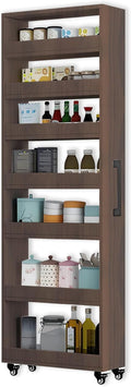 7-Tier Slim Storage Cart, Wooden Rolling Pantry Cabinet with Wheels, Narrow Shelf Organizer for Kitchen, Bakers Rack, Dining Room, Closet, Small Spaces Gray 73.2" H*7.8" W*23.6" D
