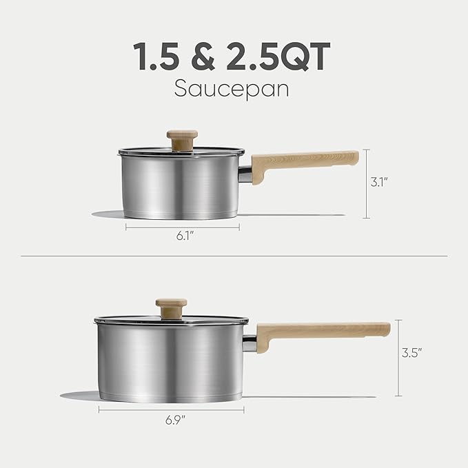 CAROTE 1QT&1.5QT & 3.5QT Sainless Steel Saucepan with Lids and 1QT Saucepan without Lid Pot Set,3-ply Base, Non-Toxic, Induction Cookware Set, Small Kitchen Pots, Tempered Glass Lids
