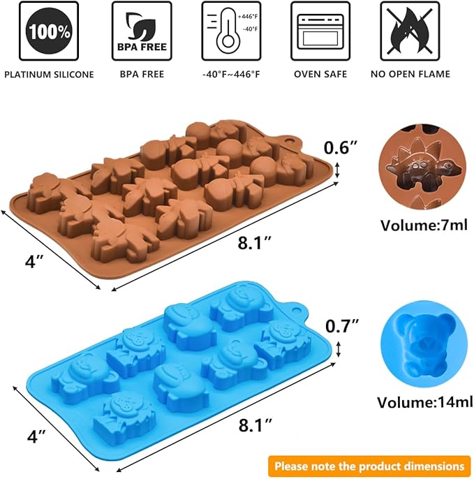 Silicone Chocolate Candy Molds Cake Moulds, Non-Stick Animal Jello Mold, Baking Mold BPA Free, Forest Theme with Different Animal Shapes, including Dinosaur, Bear, Lion and Hippo, Set of 4