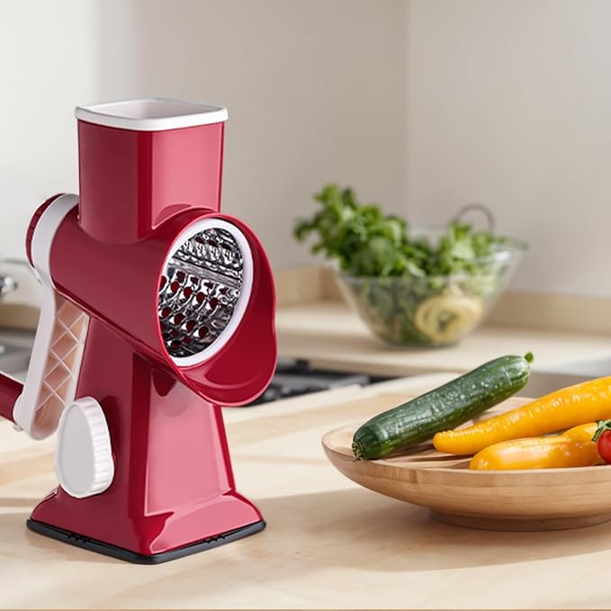 HANSGO Rotary Cheese Grater, Hand Crank Cheese Shredder, Vegetable Slicer for Kitchen, 3 Interchangeable Blades for Potatoes Carrots Onion Zucchini Nuts Chocolate Fruits, Red