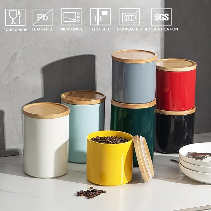 Sweejar Kitchen Canisters Ceramic Food Storage Jar, Stackable Containers with Airtight Seal Wooden Lid for Serving Coffee Bean, Flour, Tea, Spice and More - 39 Fl Oz (Jade)